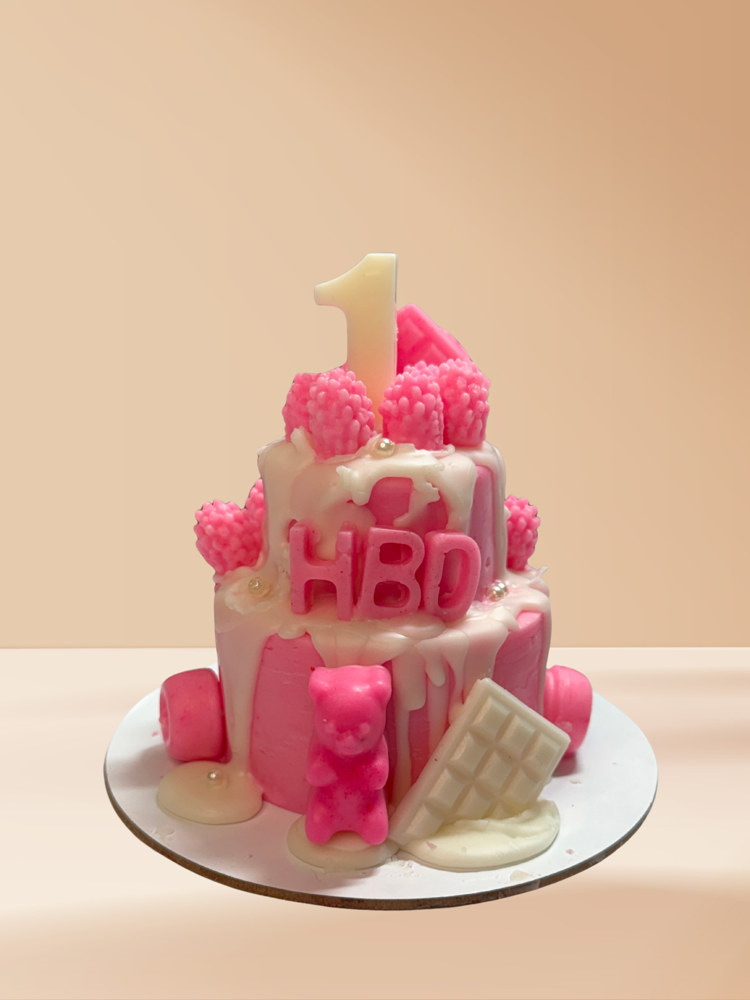 Pink Strawberry 2 Tier Cake Candle - Image 2