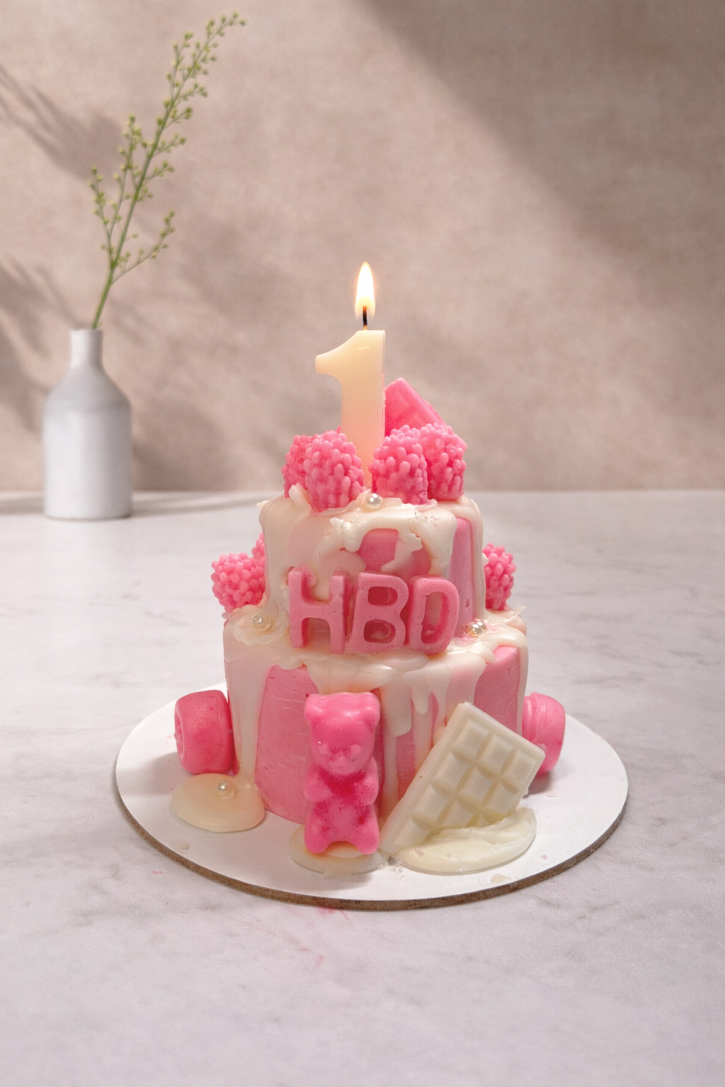 Pink Strawberry 2 Tier Cake Candle